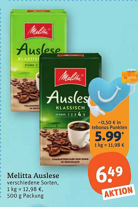 Melitta Auslese verschiedene Sorten, 1 kg = 12,98 €, 500 g Packung