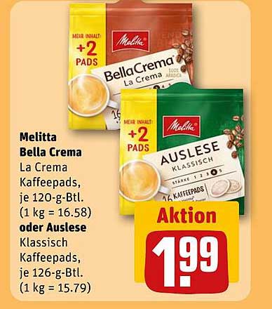 Melitta Bella Crema La Crema Kaffeepads, je 120-g-Btl. (1 kg = 16.58) oder Auslese Klassisch Kaffeepads, je 126-g-Btl. (1 kg = 15.79)