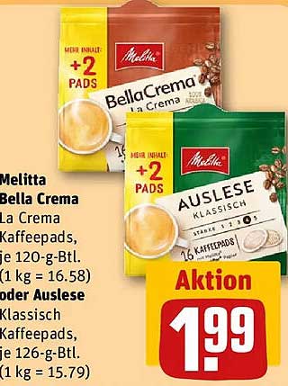 Melitta Bella Crema La Crema Kaffeepads, je 120-g-Btl. (1 kg = 16.58) oder Auslese Klassisch Kaffeepads, je 126-g-Btl. (1 kg = 15.79)