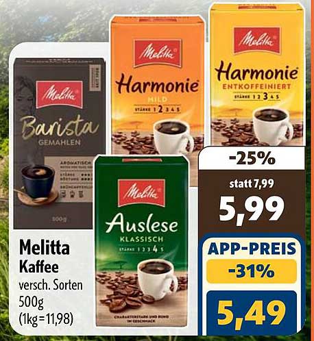 Melitta Kaffee versch. Sorten 500g (1kg=11,98)