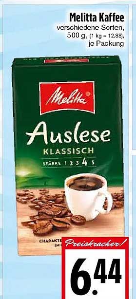 Melitta Kaffee verschiedene Sorten, 500 g, (1 kg = 12,88), je Packung