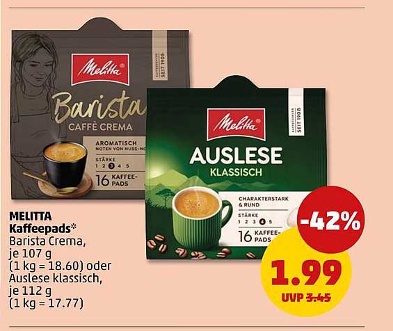MELITTA Kaffeepads* Barista Crema, je 107 g (1 kg = 18.60) oder Auslese klassisch, je 112 g (1 kg = 17.77)