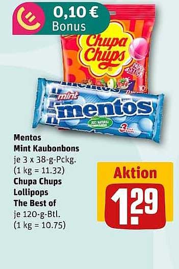 Mentos Mint Kaubonbons je 3 x 38-g-Packg. (1 kg = 11.32) Chupa Chups Lollipops The Best of je 120-g-Btl. (1 kg = 10.75)