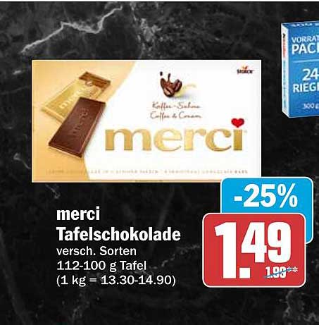 merci Tafeltschokolade versch. Sorten 112-100 g Tafel (1 kg = 13.30-14.90)