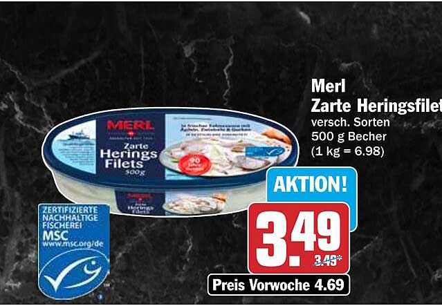 Merl Zarte Heringsfilets versch. Sorten 500 g Becher (1 kg = 6.98)