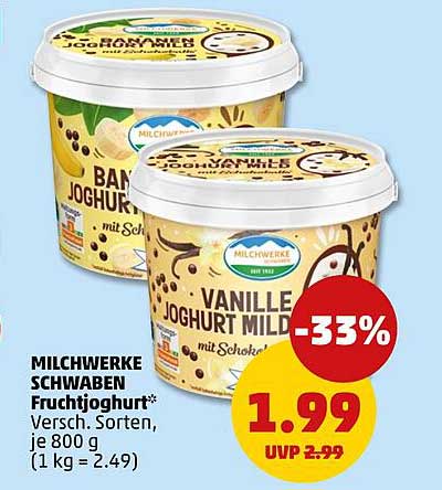 MILCHWERKE SCHWABEN Fruchtjoghurt* Versch. Sorten, je 800 g (1 kg = 2,49)