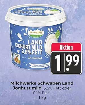 Milchwerke Schwaben Land Joghurt mild 3,5% Fett oder 0,1% Fett, 1 kg