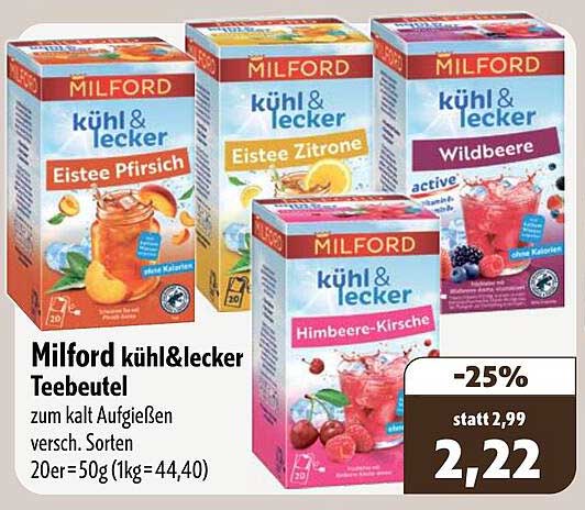 Milford kühl&lecker Teebeutel zum kalt Aufgießen versch. Sorten 20er=50g (1kg=44,40)