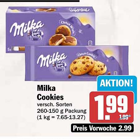 Milka Cookies verssch. Sorten 260-150 g Packung (1 kg = 7.65-13.27)