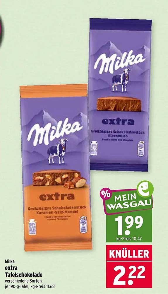 Milka extra Tafelschokolade verschiedene Sorten, je 190-g-Tafel, kg-Preis 11.68