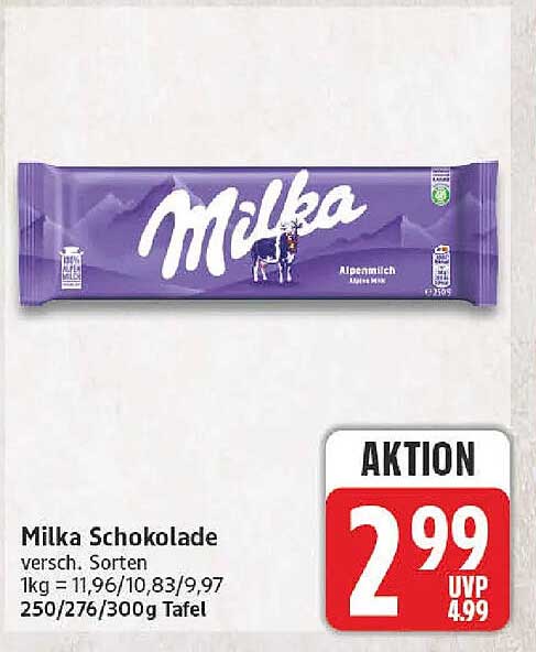 Milka Schokolade versch. Sorten 1kg = 11,96/10,83/9,97 250/276/300g Tafel