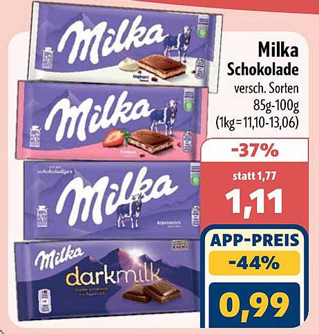 Milka Schokolade versch. Sorten 85-100g (1kg=11,10-13,06)