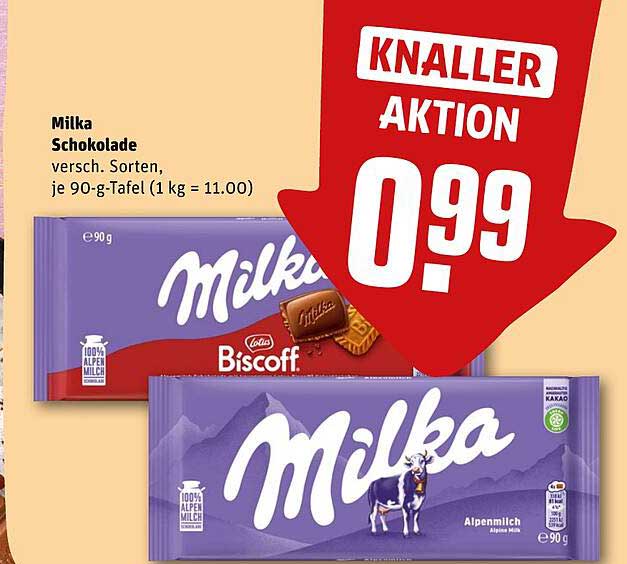 Milka Schokolade versch. Sorten, je 90-g-Tafel (1 kg = 11.00)