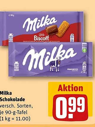 Milka Schokolade versch. Sorten, je 90-g-Tafel (1 kg = 11.00)