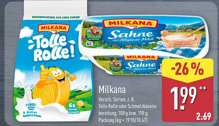Milkana Versch. Sorten, z. B. Tolle Rolle oder Schmelzkäsezubereitung