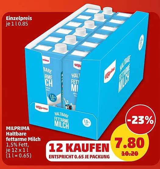 MILPRIMA Haltbare fettarme Milch 1,5% Fett, je 12 x 1 l