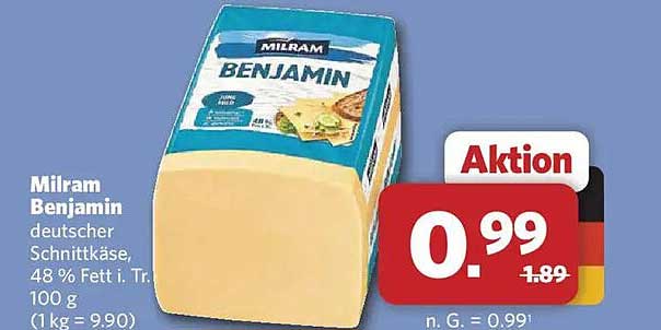 Milram Benjamin deutscher Schnittkäse, 48 % Fett i. Tr., 100 g (1 kg = 9,90)