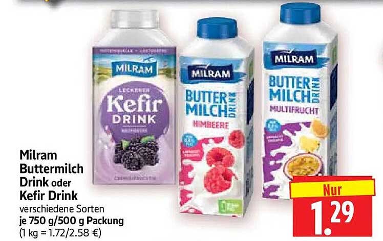 Milram Buttermilch Drink oder Kefir Drink verschiedene Sorten je 750 g/500 g Packung (1 kg = 1.72/2.58 €)
