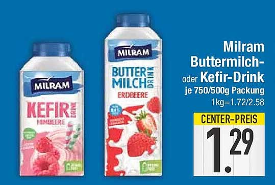 Milram Buttermilch- oder Kefir-Drink je 750/500g Packung 1kg=1.72/2.58