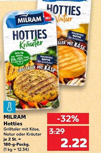 MILRAM Hotties Grlltaler mit Käse, Natur oder Kräuter je 2 St. = 180-g-Packg. (1 kg = 12.34)