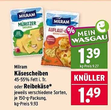 Milram Käsescheiben 45-55% Fett i. Tr. oder Reibekäse* jeweils verschiedene Sorten, je 150-g-Packung, kg-Preis: 9,93