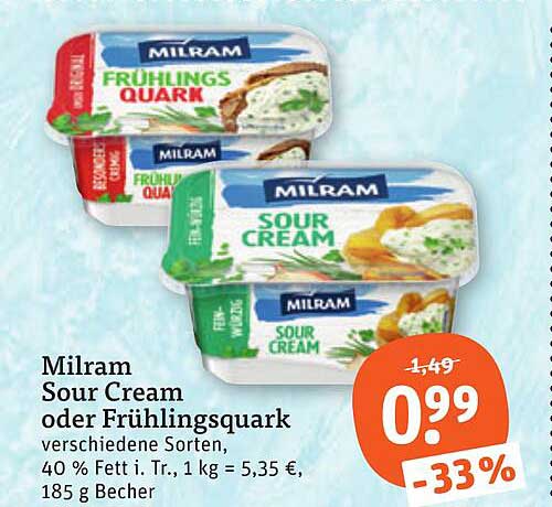 Milram Sour Cream oder Frühlingsquark verschiedene Sorten, 40 % Fett i. Tr., 1 kg = 5,35 €, 185 g Becher