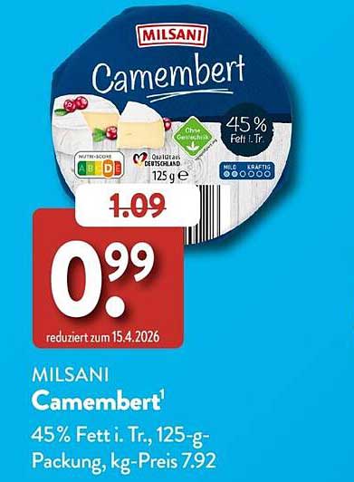 MILSANI Camembert 45% Fett i. Tr., 125-g-Packung, kg-Preis 7.92