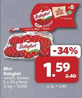 Mini Babybel versch. Sorten 5 x 20-g-Netz (1 kg = 15.90)