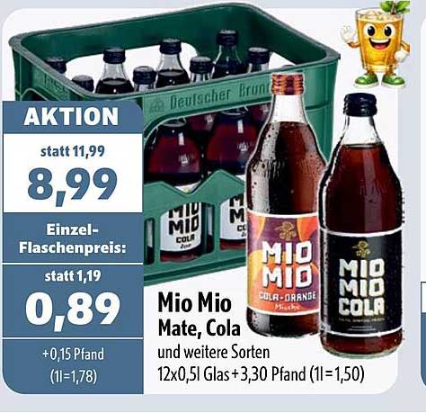 Mio Mio Mate, Cola und weitere Sorten 12x0,5l Glas +3,30 Pfand (1l=1,50)