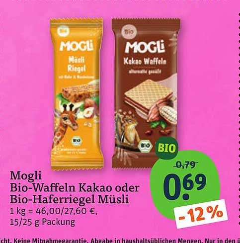 Mogli Bio-Waffeln Kakao oder Bio-Haferriegel Müsli
