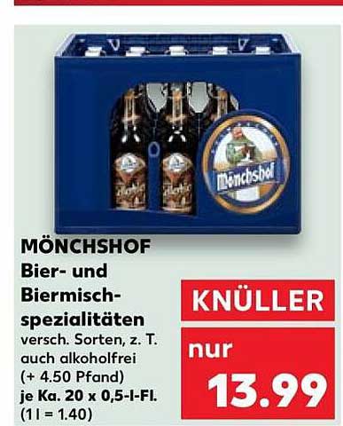 MÖNCHSHOF Bier- und Biermisch-spezialitäten versch. Sorten, z. T. auch alkoholfrei (+ 4.50 Pfand) je Ka. 20 x 0,5-l-Fl. (1 l = 1.40)