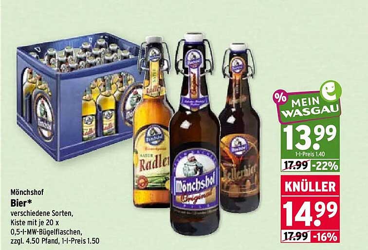 Mönchshof Bier* verschiedene Sorten, Kiste mit je 20 x 0,5-l-MW-Bügelflaschen. zzgl. 4.50 Pfand, 1-l-Preis 1.50