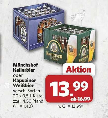 Mönchshof Kellerbier oder Kapuziner Weißbier versch. Sorten 20 x 0,5-l-Kiste zzgl. 4.50 Pfand