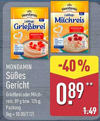 Mondamin Süßes Gericht Grießbrei oder Milchreis; 89 g bzw. 125 g; Packung (kg = 10.00/7.12)