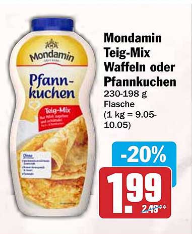 Mondamin Teig-Mix Waffeln oder Pfannkuchen 230-198 g Flasche (1 kg = 9.05-10.05)