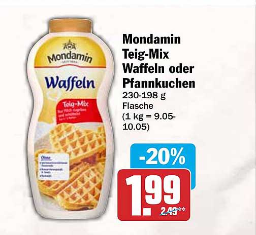 Mondamin Teig-Mix Waffeln oder Pfannkuchen 230-198 g Flasche (1 kg = 9.05-10.05)