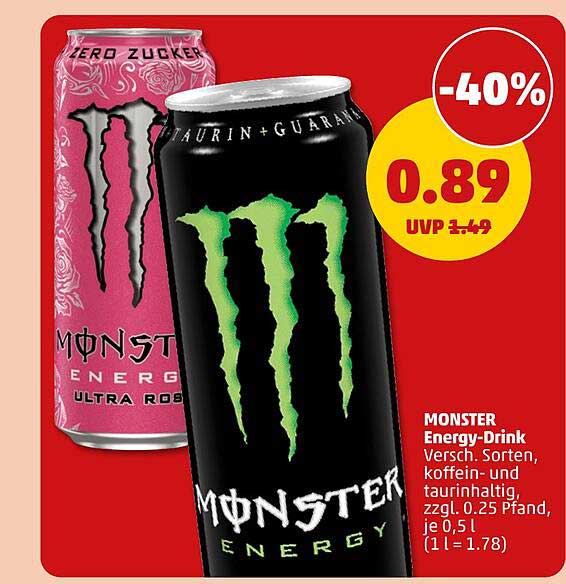 MONSTER Energy-Drink Versch. Sorten, koffein- und taurinhaltig, zzgl. 0.25 Pfand, je 0.25 l (1 l = 1.78)