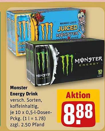 Monster Energy Drink versch. Sorten, koffeinhaltig, je 10 x 0,5-l-Dosen-Pckg. (1 l = 1.78) zzgl. 2.50 Pfand