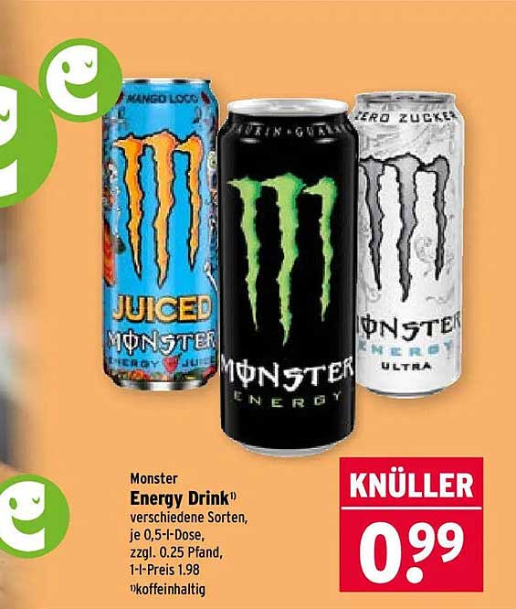 Monster Energy Drink¹ verschiedene Sorten, je 0,5-L-Dose, zzgl. 0,25 Pfand. 1 l=1.98
