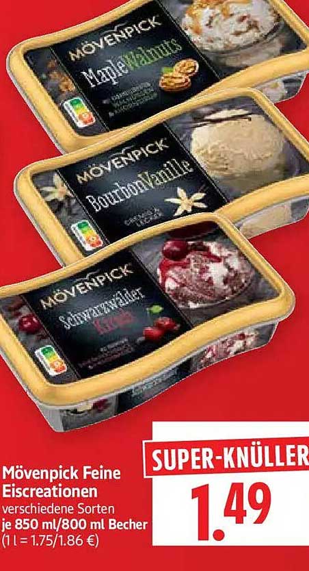 Mövenpick Feine Eiscreationen verschiedene Sorten je 850 ml/800 ml Becher (1 l = 1.75/1.86 €)