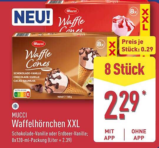MUCCI Waffelhörnchen XXL Schokolade-Vanille oder Erdbeer-Vanille; 8x120-ml-Packung (Liter = 2,39)