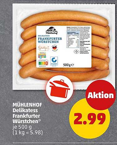 MÜHLENHOF Delikatess Frankfurter Würstchen* je 500 g (1 kg = 5.98)