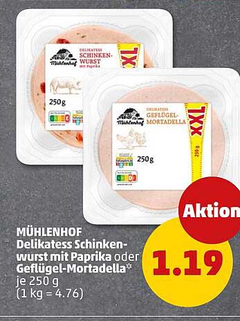 MÜHLENHOF Delikatess Schinkenwurst mit Paprika oder Geflügel-Mortadella