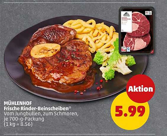MÜHLENHOF Frische Rinder-Beinscheiben* Vom Jungbullen, Zum Schmoren, je 700-g-Packung (1 kg = 8.56)