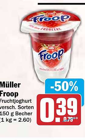 Müller Froop Fruchtjoghurt versch. Sorten 150 g Becher (1 kg = 2.60)