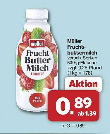 Müller Frucht-Buttermilch versch. Sorten 500-g-Flasche zzgl. 0.25 Pfand (1 kg = 1.78)