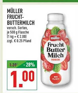 MÜLLER FRUCHT-BUTTERMILCH versch. Sorten, je 500 g Flasche (1 kg = € 2.00) zzgl. € 0.25 Pfand