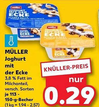 MÜLLER Joghurt mit der Ecke 3,8 % Fett im Milchanteil, versch. Sorten je 113-150-g-Becher (1 kg = 1,94 - 2,57)