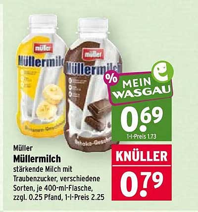 Müller Müllermilch stärkende Milch mit Traubenzucker, verschiedene Sorten, je 400-ml-Flasche, zzgl. 0,25 Pfand, 1-l-Preis 2,25