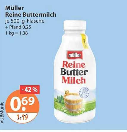 Müller Reine Buttermilch je 500-g-Flasche + Pfand 0,25